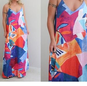 Nicole Miller Satin Racer Back Spaghetti Strap Colorful Abstract Maxi Dress EUC